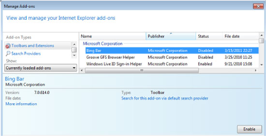 Immagine dell'interfaccia utente Gestione componenti aggiuntivi di Internet Explorer.