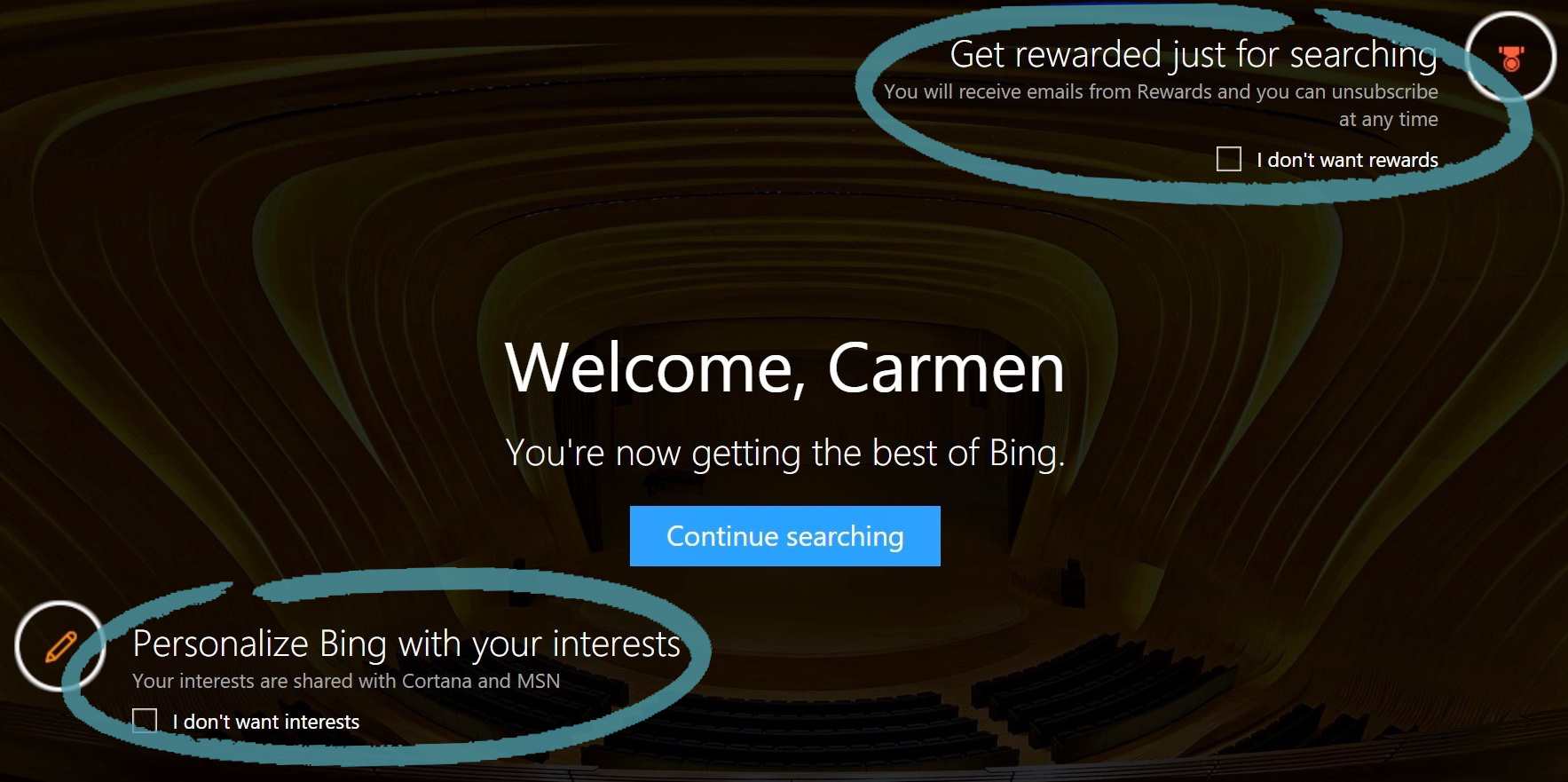 Home page di Bing con le opzioni per iscriversi agli interessi e a Bing Rewards