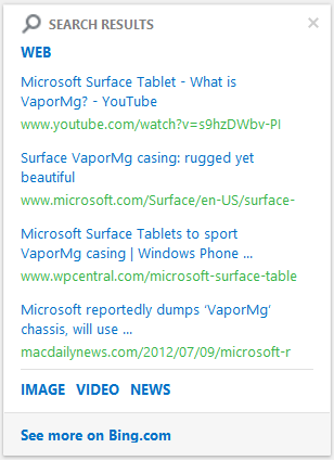 Bing Desktop Inline search results